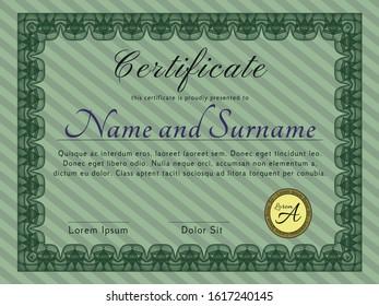 Green Sample certificate or diploma. Easy to print. Detailed. Retro design. 