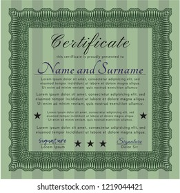 Green Sample certificate or diploma. Elegant design. Complex background. Customizable, Easy to edit and change colors. 