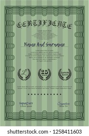 Green Sample certificate or diploma. Good design. Easy to print. Vector illustration. 