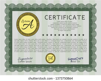 Green Sample certificate or diploma. Good design. With guilloche pattern and background. Detailed. 