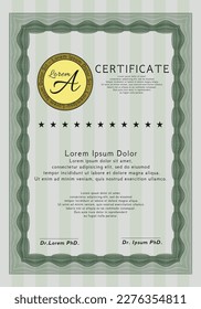 Green Sample certificate or diploma.  Good design.  With guilloche pattern.  Detailed. 