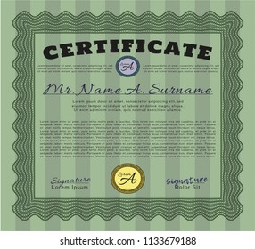 Green Sample certificate or diploma. With great quality guilloche pattern. Vector illustration. Money Pattern. 
