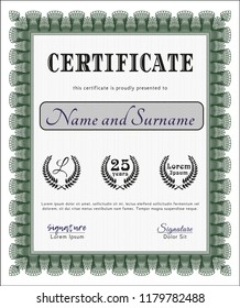 Green Sample certificate or diploma. With great quality guilloche pattern. Vector illustration. Lovely design. 