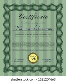 Green Sample certificate or diploma. With great quality guilloche pattern. Vector illustration. Artistry design. 