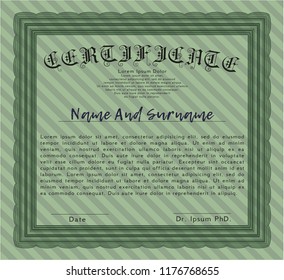 Green Sample certificate or diploma. With guilloche pattern and background. Nice design. Vector illustration. 