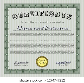 Green Sample certificate or diploma. With guilloche pattern. Sophisticated design. Vector illustration. 