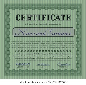 Green Sample certificate or diploma. With guilloche pattern and background. Detailed. Excellent design. 