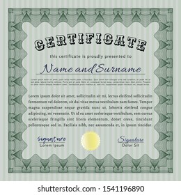 Green Sample certificate or diploma. With guilloche pattern and background. Detailed. Elegant design. 