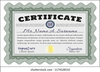 Green Sample certificate or diploma. With linear background. Lovely design. Customizable, Easy to edit and change colors. 