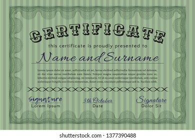 Green Sample certificate or diploma. With linear background. Retro design. Detailed. 
