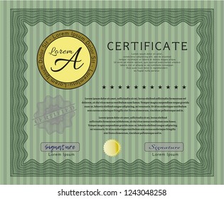 Green Sample certificate or diploma. Lovely design. Vector illustration. With linear background. 