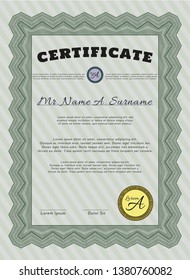 Green Sample certificate or diploma. Lovely design. Vector illustration. With guilloche pattern. 