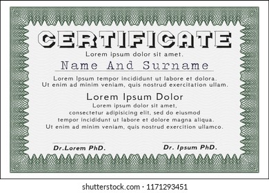 Green Sample certificate or diploma. Money style design. With guilloche pattern and background. Customizable, Easy to edit and change colors. 
