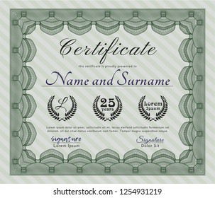Green Sample certificate or diploma. Money style design. Vector illustration. With guilloche pattern and background. 