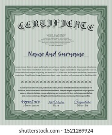Green Sample certificate or diploma. Money style design. With great quality guilloche pattern. Detailed. 