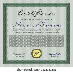 Green Sample certificate or diploma. Money Pattern design. Vector illustration. With guilloche pattern and background. 