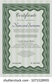 Green Sample certificate or diploma. Nice design. Detailed. With guilloche pattern and background. 
