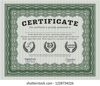 Green Sample certificate or diploma. Nice design. Vector illustration. With complex background. 