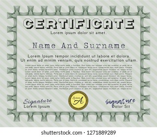 Green Sample certificate or diploma. Perfect design. Detailed. Printer friendly. 