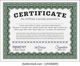 Green Sample certificate or diploma. Printer friendly. Good design. Customizable, Easy to edit and change colors. 