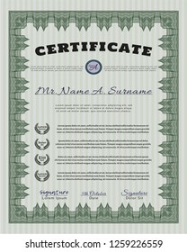Green Sample certificate or diploma. With quality background. Vector illustration. Sophisticated design. 