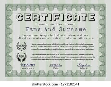 Green Sample certificate or diploma. Superior design. Detailed. With background. 