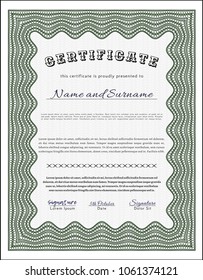 Green Sample certificate or diploma. Vector illustration. With complex linear background. Money Pattern. 