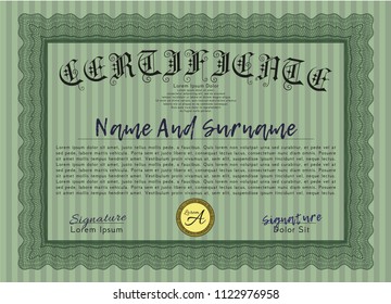 Green Sample certificate or diploma. Vector illustration. Easy to print. Nice design. 