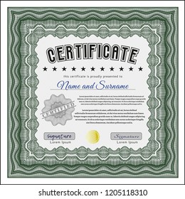 Green Sample certificate or diploma. Vector illustration. With background. Artistry design. 