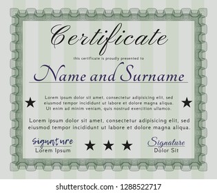 Green Sample certificate or diploma. Vector illustration. With guilloche pattern. Good design. 