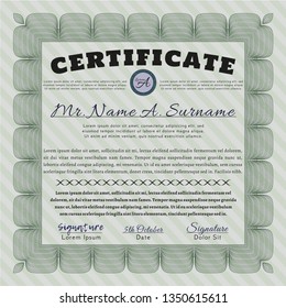 Green Sample certificate or diploma. Vector illustration. With complex linear background. Lovely design. 