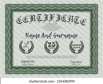 Green Sample certificate or diploma. Vector illustration. Complex background. Elegant design. 