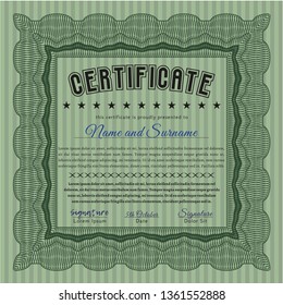 Green Sample certificate or diploma. Vector illustration. Complex background. Artistry design. 