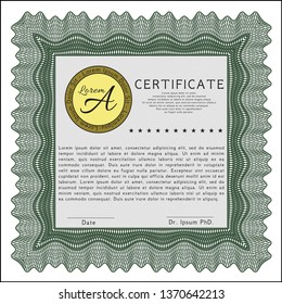 Green Sample Certificate. Lovely design. Complex background. Vector illustration. 