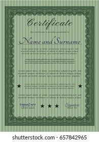 Green Sample Certificate. Lovely design. Vector illustration. With linear background. 