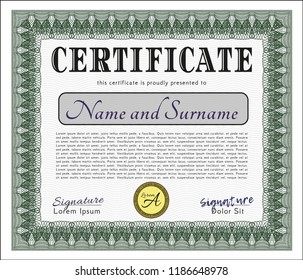 Green Sample Certificate. Money design. Vector illustration. With guilloche pattern and background. 