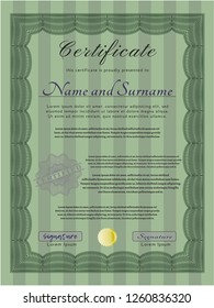 Green Sample Certificate. Money design. With background. Vector illustration. 