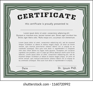 Green Sample Certificate. Money style design. Vector illustration. Complex background. 