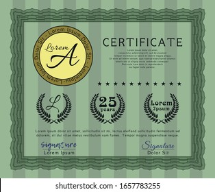 Green Sample Certificate. Money style design. Vector illustration. With linear background. 