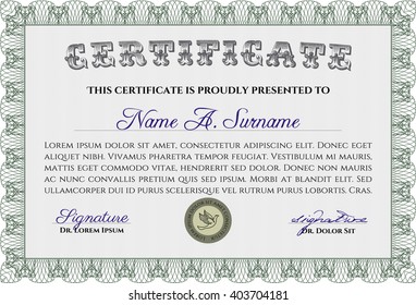 Green Sample Certificate. With quality background. Artistry design. Vector pattern that is used in money and certificate. 