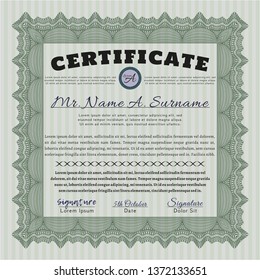 Green Sample Certificate. Retro design. Vector illustration. With guilloche pattern. 