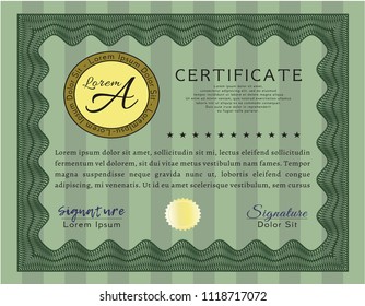 Green Sample Certificate. Superior design. With guilloche pattern and background. Vector illustration. 