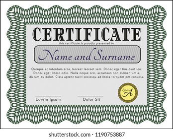 Green Sample Certificate. Superior design. Vector illustration. With guilloche pattern and background. 