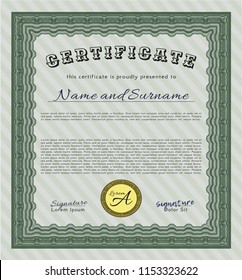 Green Sample Certificate. Vector illustration. With guilloche pattern. Artistry design. 