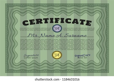 Green Sample Certificate. Vector illustration. With guilloche pattern. Excellent design. 