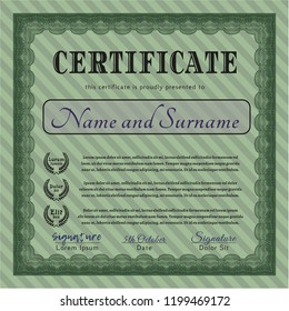 Green Sample Certificate. Vector illustration. With great quality guilloche pattern. Retro design. 