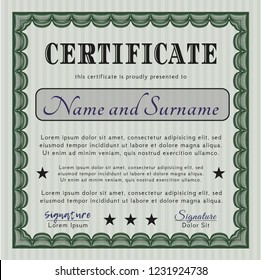 Green Sample Certificate. Vector illustration. Printer friendly. Money Pattern. 