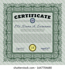Green Sample Diploma. Artistry design. Vector illustration. Complex background. 