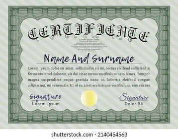 Green Sample Diploma.  Artistry design.  With great quality guilloche pattern.  Detailed. 