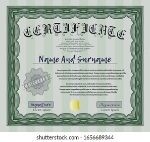 Green Sample Diploma. With background. Good design. Vector illustration. 